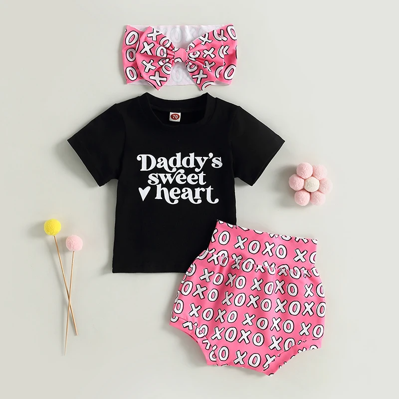 

2023-03-31 Lioraitiin 0-24M Newborn Baby Girls 3Pcs Summer Outfits Fater's Day Letter Print Short Sleeve T-shirt Shorts Headband