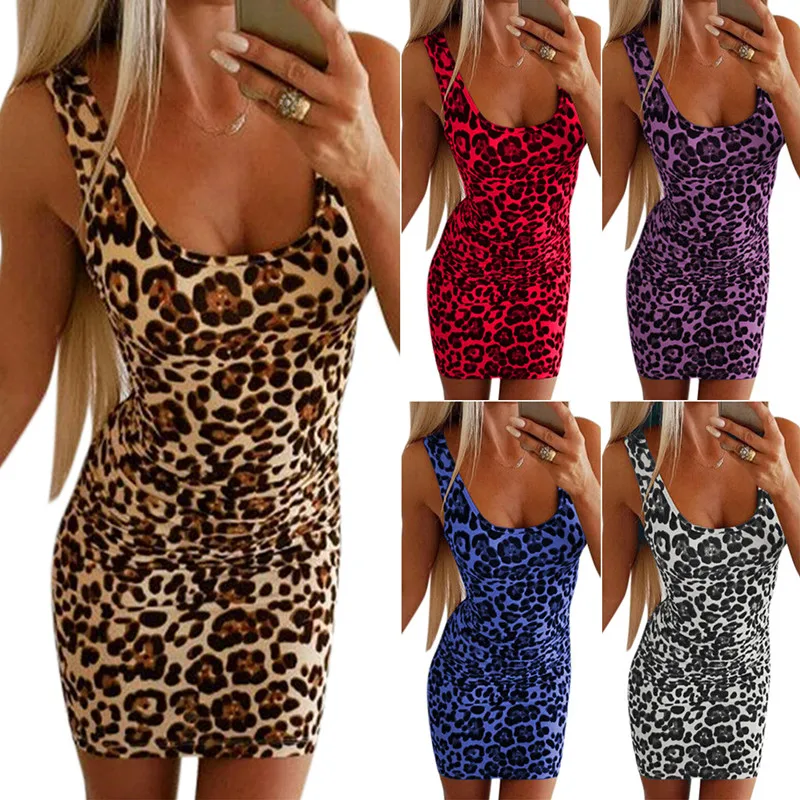

Bikoles Summer Sexy Deep V Neck Sleeveless Women's Tank Dress Fashion Casual Leopard Print Bodycon Ladies Mini Dresses Vestidos