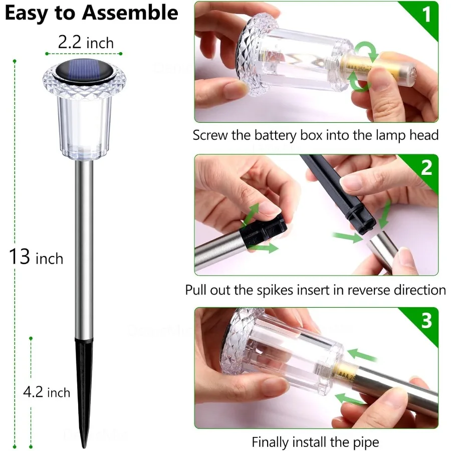 Solar Lights Outdoor 10 Pack Waterproof 3000K Warm White LED Acrylic Lamp Head Stainless Steel Stake for Landscape Lighting Pat