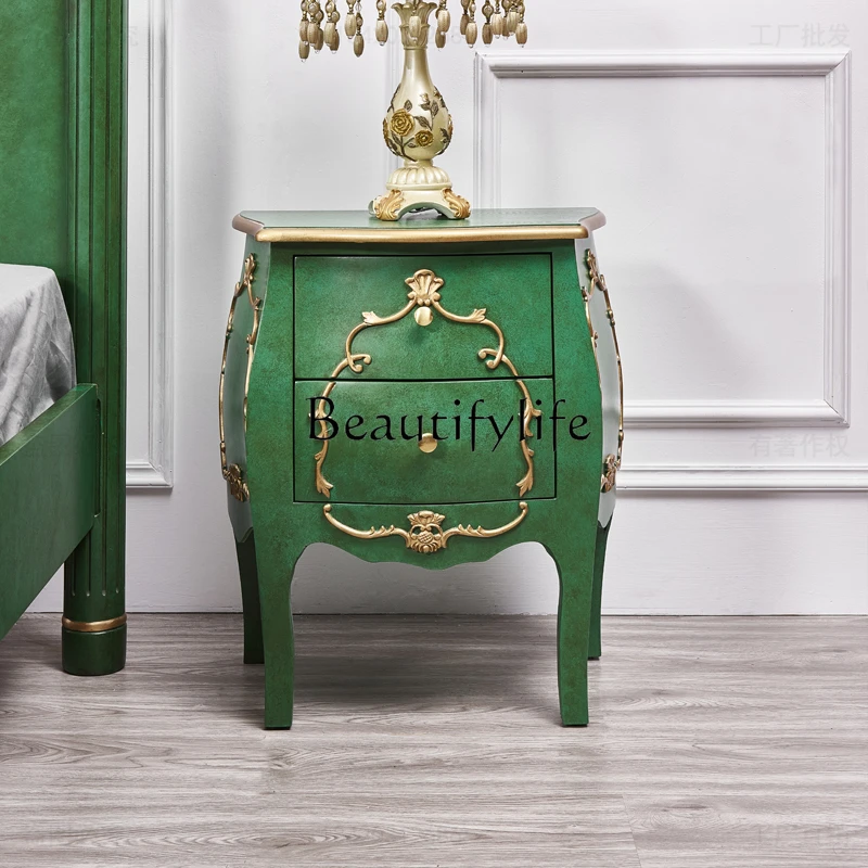 

Golden Emerald American Retro Bedside Table Bedroom Bedside Cabinet Side Table Corner Two-Drawer Table Complete Set
