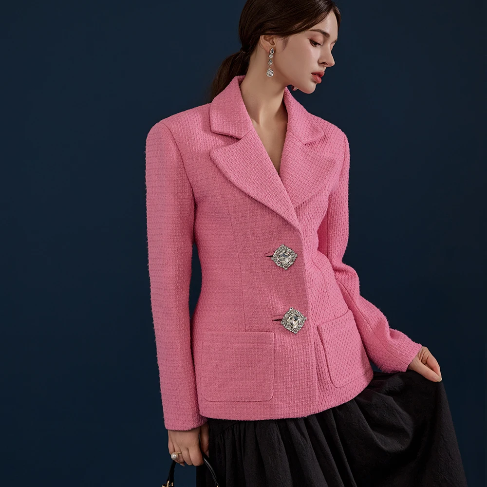 Women Korean Fashion Tweed Blazer Coat Vintage Long Sleeve Crystal Buttons Black Suit Jacket Female Outerwear Chic Veste Femme