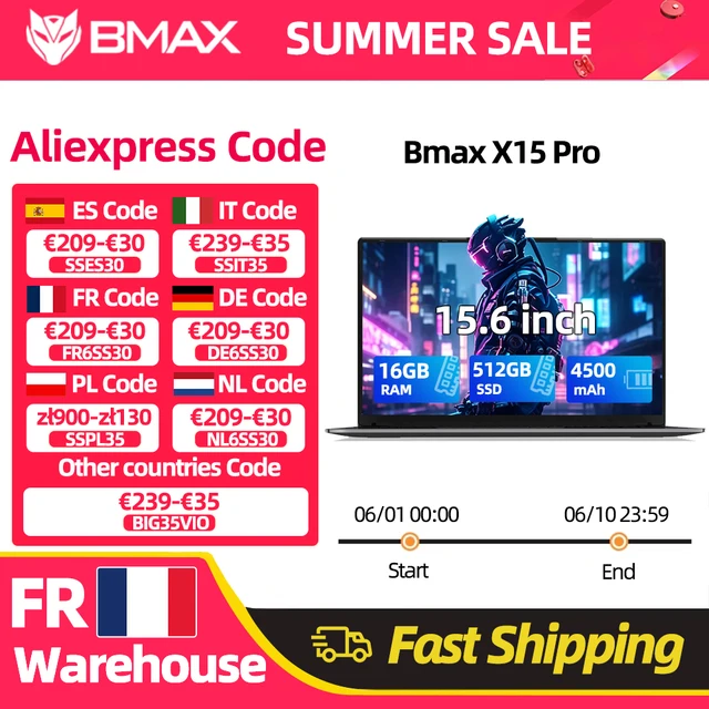 Ordinateur portable Bmax X15 Pro 15,6'' IPS Intel 12e génération N100 16 Go de RAM DDR4 512 Go de SSD Windows 11 Clavier numérique HDMI Wifi USB PC 1