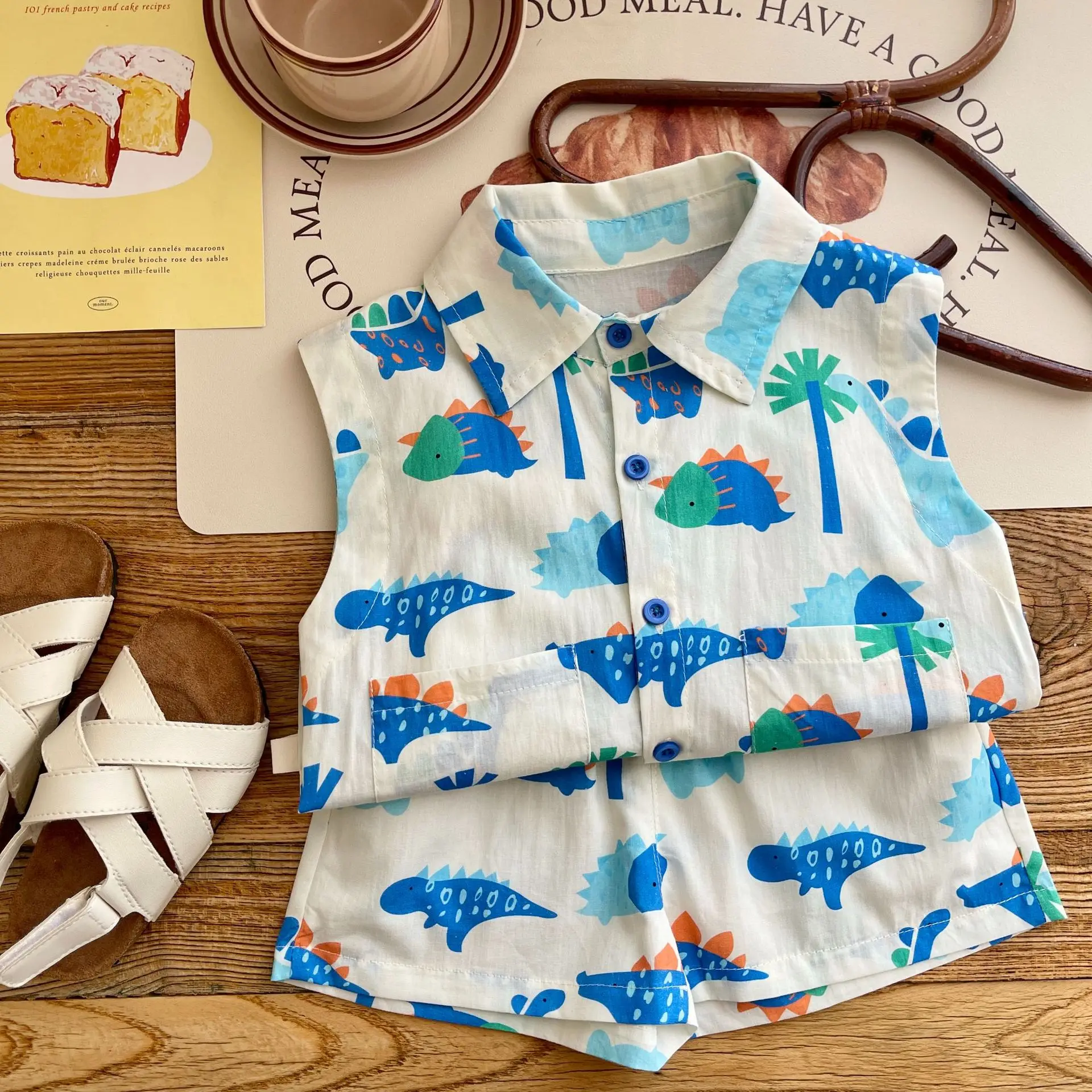 2023 Kids Baby Fashion 2-Piece Summer Beach Clothes Set for Toddler Children Boys: Sleeveless Print Top Shirt+Shorts