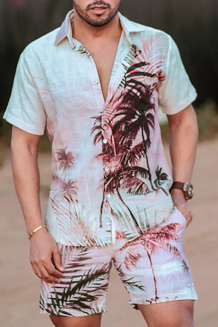 New Fashion Hawaiian Print Short Sleeve Shirt Set Men's Beach Coconut Print Shorts Men's Daily Beach Shirt Two-piece 3