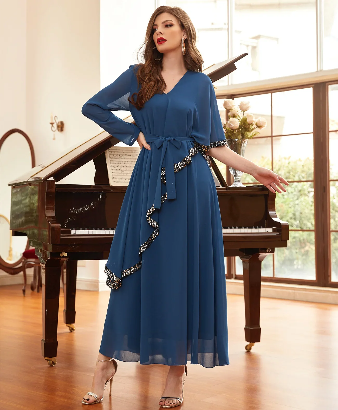 Luxury Women Chiffon Long Dress Sequins Irregular Sleeve Party Evening Wedding Robe V-neck Abaya Islamic Arab Middle East Gown