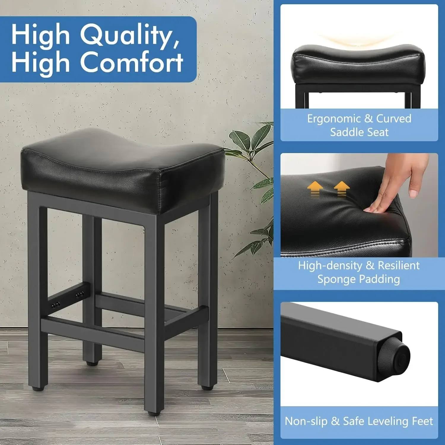 New2025-Counter Height Bar Stools Set of 2, 24 Inch Barstools for Kitchen Island Counter, Bonded Leather Kitchen Stools with