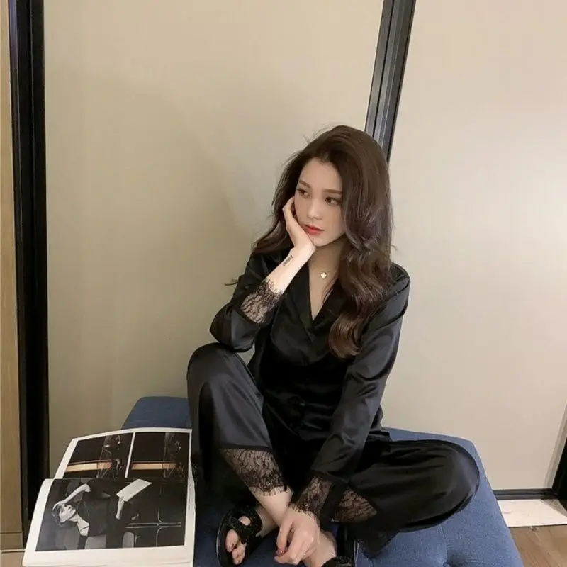 Pigiama donna camicia da notte in seta primavera autunno pantaloni a maniche lunghe indumenti da notte in pizzo sexy scollo a V allentato casual semplice sottile Pama_voghion.com