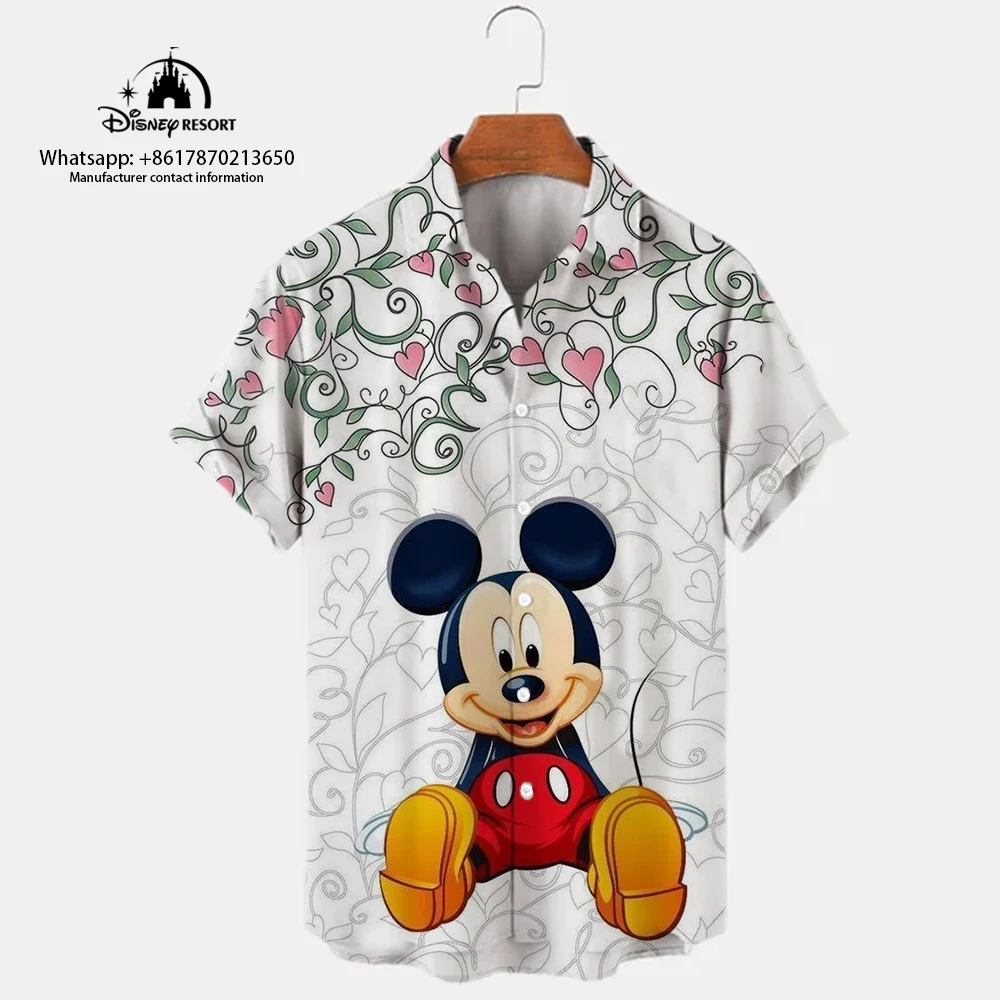 Mickey Minnie Anime 3D Print New Spring Streetwear Disney Brand Men Lapel Short Sleeve Shirt Harajuku Style Slim Top 2023