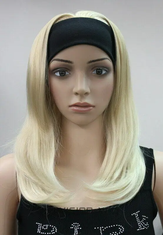 Ladies Wig Blonde Medium Long Straight Women Daily 3/4 Half Wig Headband