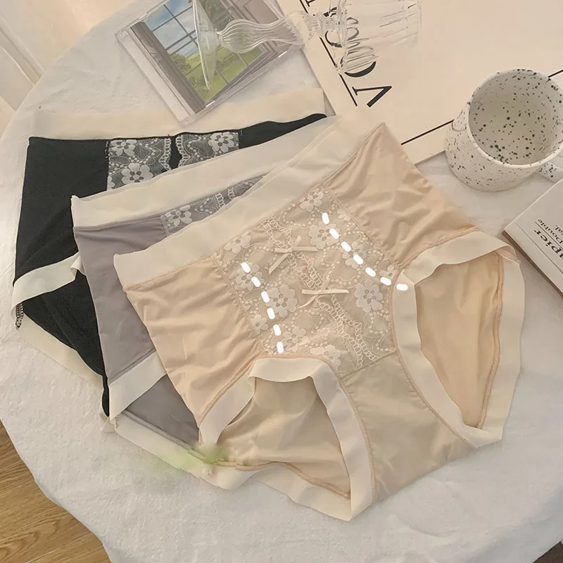 

Nude Ice Silk High Waist Tight Underwear Women Hip Lift Large Cotton Crotch Comfortable and Traceless New Lace Triangle Pants