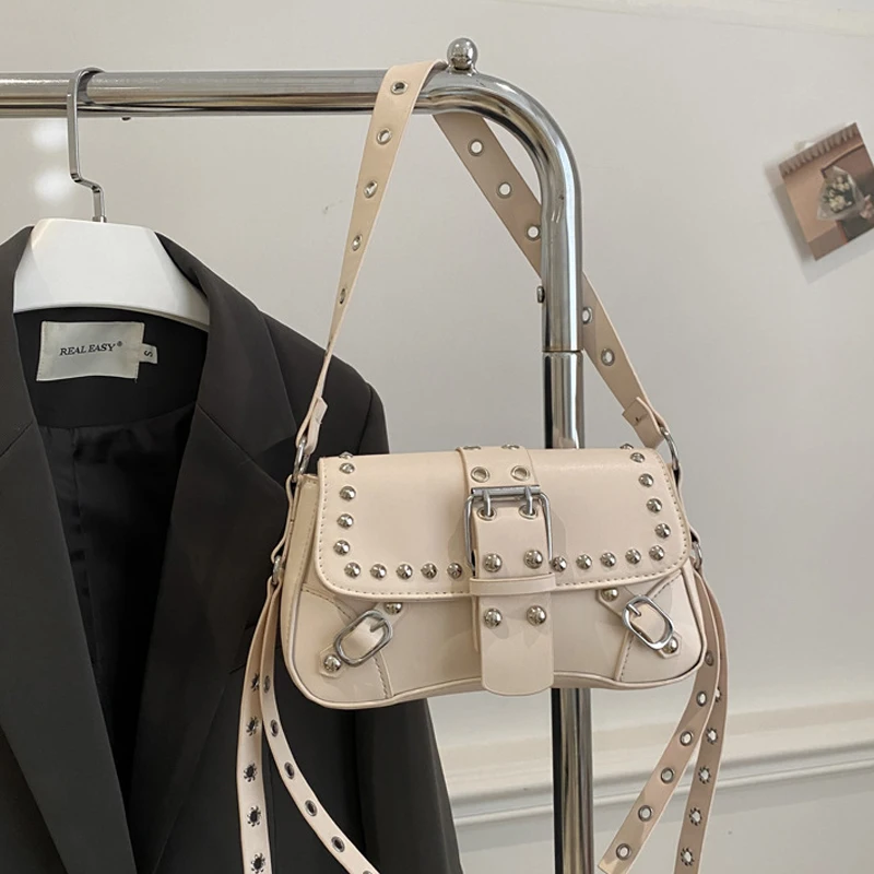 Shoulder Bag for Women Pink Underarm Bags PU Leather Crescent Bags with Rivet Small Y2k Purses Trendy Armpit Purse