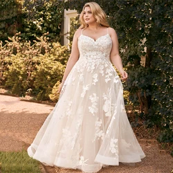 Pastoral Spaghetti Straps Wedding Dresses For Bride Plus Size Backless Bride Gowns Appliques Sweep Train A-Line Vestido De Noiva