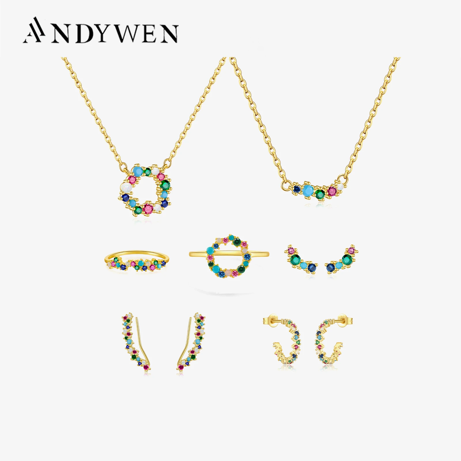 ANDYWEN 925 Sterling Silver Rainbow CZ Spring Angelique Sparkle Tutti Frutti Clips Hoop Stud Earring Ring Collar Jewelry Set silver jewelry set jewelry set silver jewelry