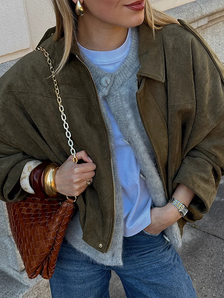 Bomber In Faux Suede Donna - Giacca A Vento Oversized Con Collo A Bavero, Trendy Y2K Streetwear