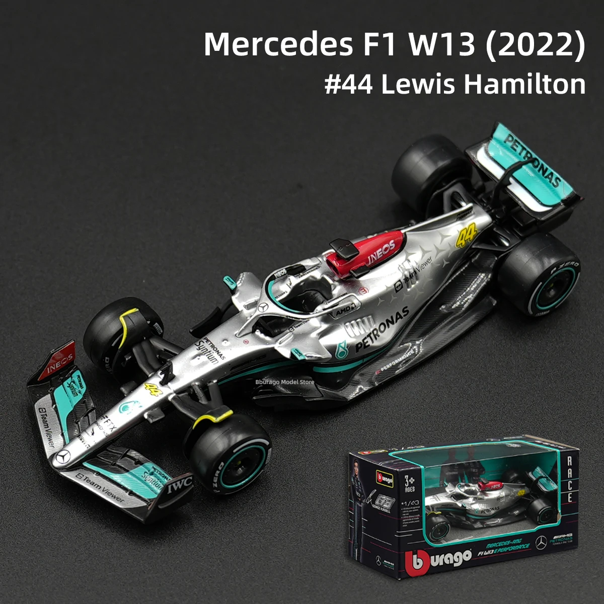 Bburago 1:43 2022 Mercedes AMG W13 F1 Formula Racing Car Static Simulation Diecast Alloy Model Car 3