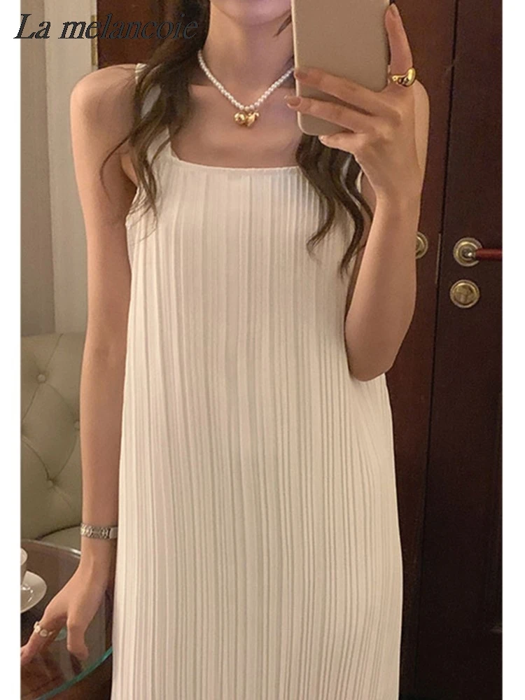 

Loose Textured Long Dress Women Summer 2024 Fashion Sexy Sleeveless Square Neck White Sling Dresse Korea Elegant Chic Sundress