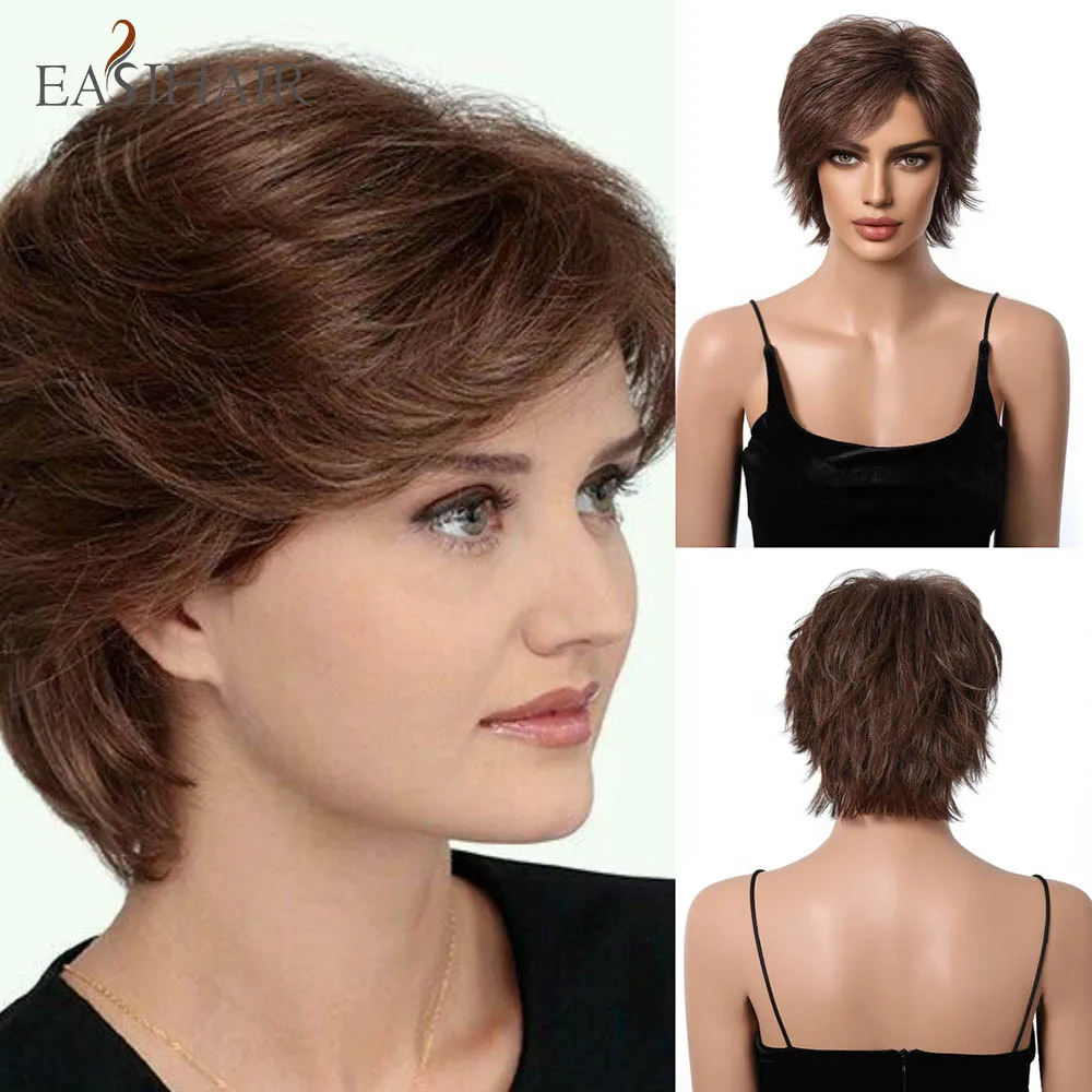 

EASIHAIR Short Brown Hair with Bangs for Women Short Pixie Cut Wigs Blend Wig Synthetic Wigs Mixed with Human Hair Daily Party