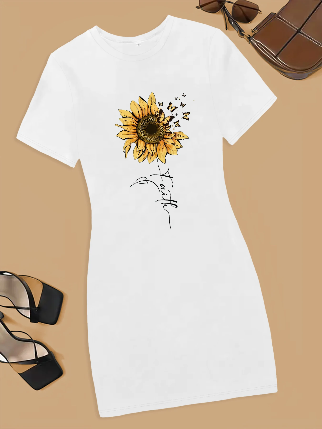 

Funny Sunflower Butterfly Graphic Print Short Dress Women Fashion Caual Versatile A-shape Slim Dress Summer New Streetwear