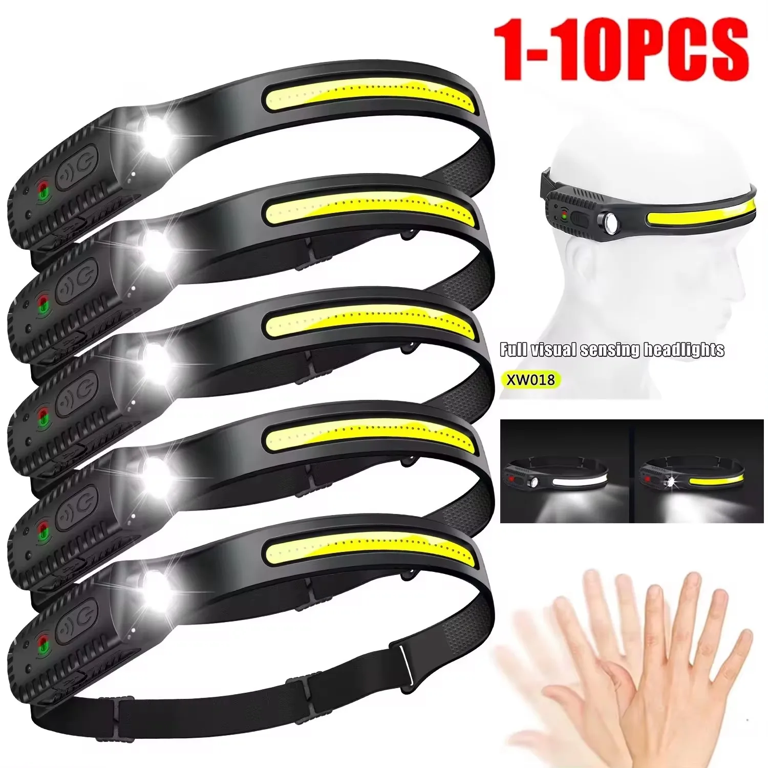 Lot 1-10PCS lampe frontale LED à capteur rechargeable USB pour pêche camping - Lampe de recherche frontale