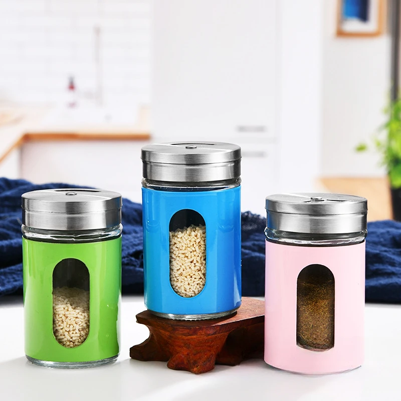 Stainless Steel Seasoning Jars Glass Spreading Bottle Barbecue Pot Pepper Toothpick Holder Salt Shaker Rotating