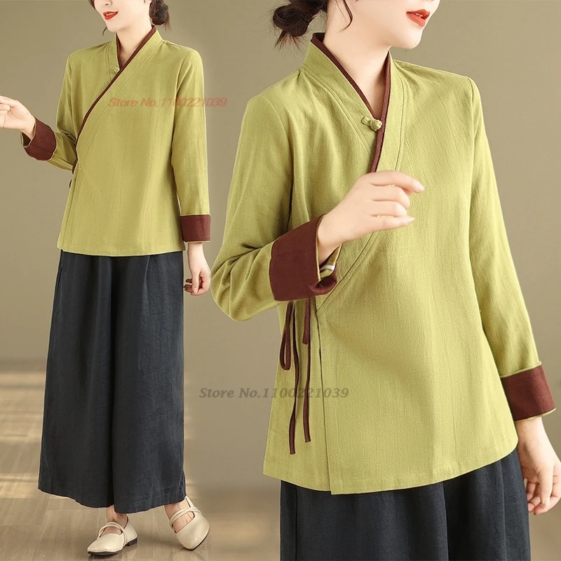 

2024 chinese traditional women hanfu tops national tea service cotton linen blouse retro meditation buddhist blouse zen coat