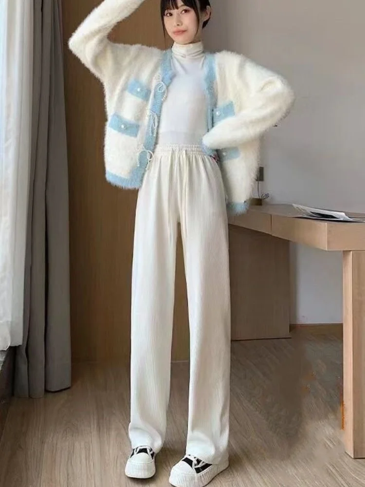 하이웨이스트 와이드 레그 팬츠 여성용 가을 겨울 슬리밍 다용도 플리스 안감 드레이프 루즈 캐주얼 스포츠 스트레이트 레그 팬츠