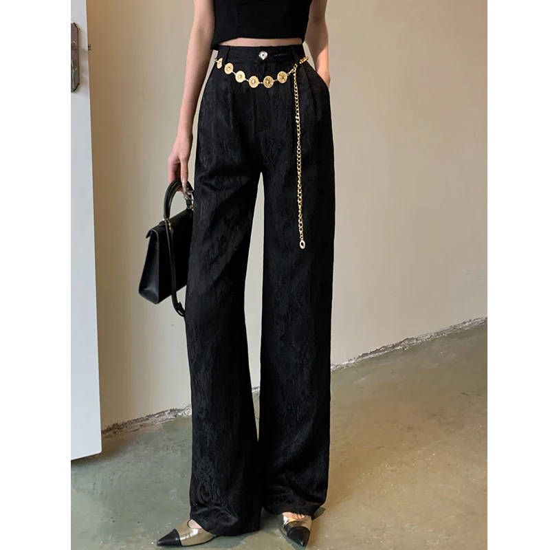 Women Clothes Vintage Chinese Style Jacquard Chic Elegant Wide Leg Pants Office Lady High Waist Solid Straight Trousers Pantalon