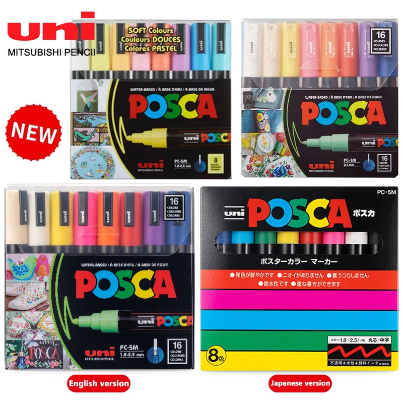 16 Color New Packaging Uni POSCA Markers PC-1M/3M/5M for Rock Mug Ceramic  Glass Wood Fabric Metal Painting Graffiti Art Supplies