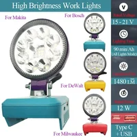 3Inch 12 LED Car Work Lamp Light Flashlight Torch TypeC USB Power Bank For Makita For DeWalt For Bosch For Milwaukee 18V Battery 1