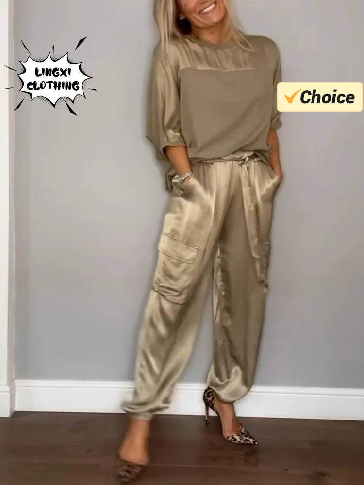 2024 Summer Fashion New Elegant Women's Set Street Scenery Smooth Satin Half Sleeve Shirt Casual Pants Sports Two Piece Set