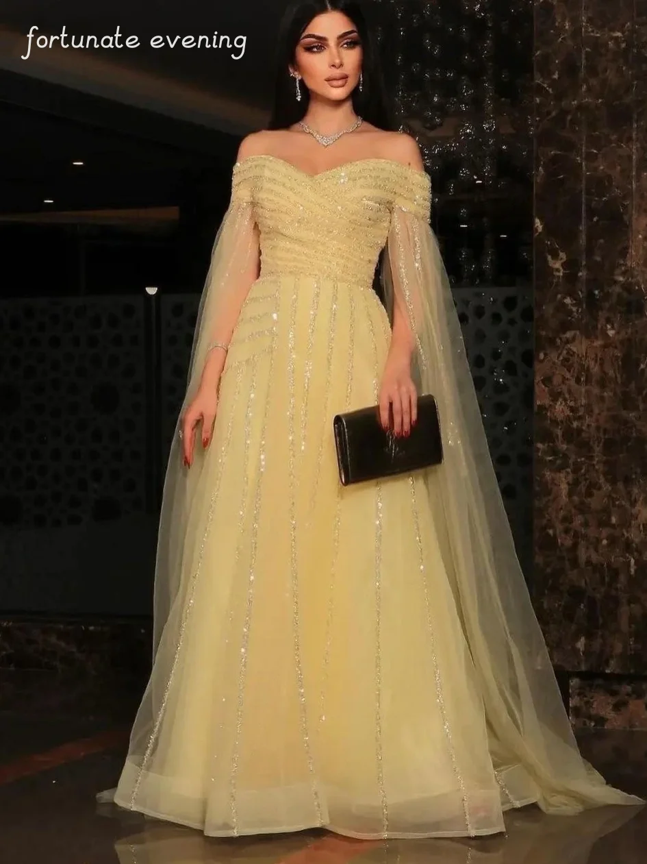

Fortunate Evening Elegant Vintage Yellow Sweet Sexy Beaded Sequined Boat Neck Formal Occasion Prom Dress Evening Party Gowns