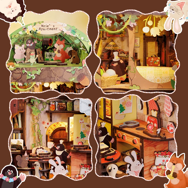 Cutebee Book Nook Kit 3D Wooden Puzzle Bookshelf Roombox Toy Mole's Apartment Miniature with Dustproof Cover LED Light Booknook 5