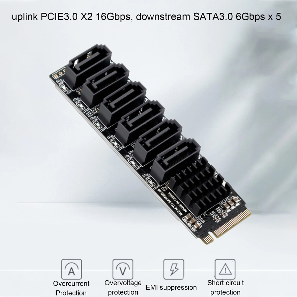 M.2 to SATA3.0 Adapter Card 6Gbps High Speed ASM1166 M.2 PCIE to SATA Expansion Card with Smart Indicator