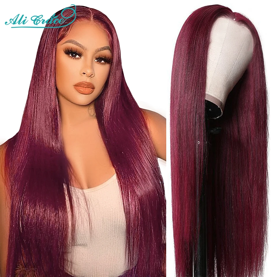 

Ali Grace 99J Lace Front Wig Pre-plucked Brazilian Straight Closure Wig 4x4 Lace Closure Human Hair Wigs with Baby Hair 99J Wig