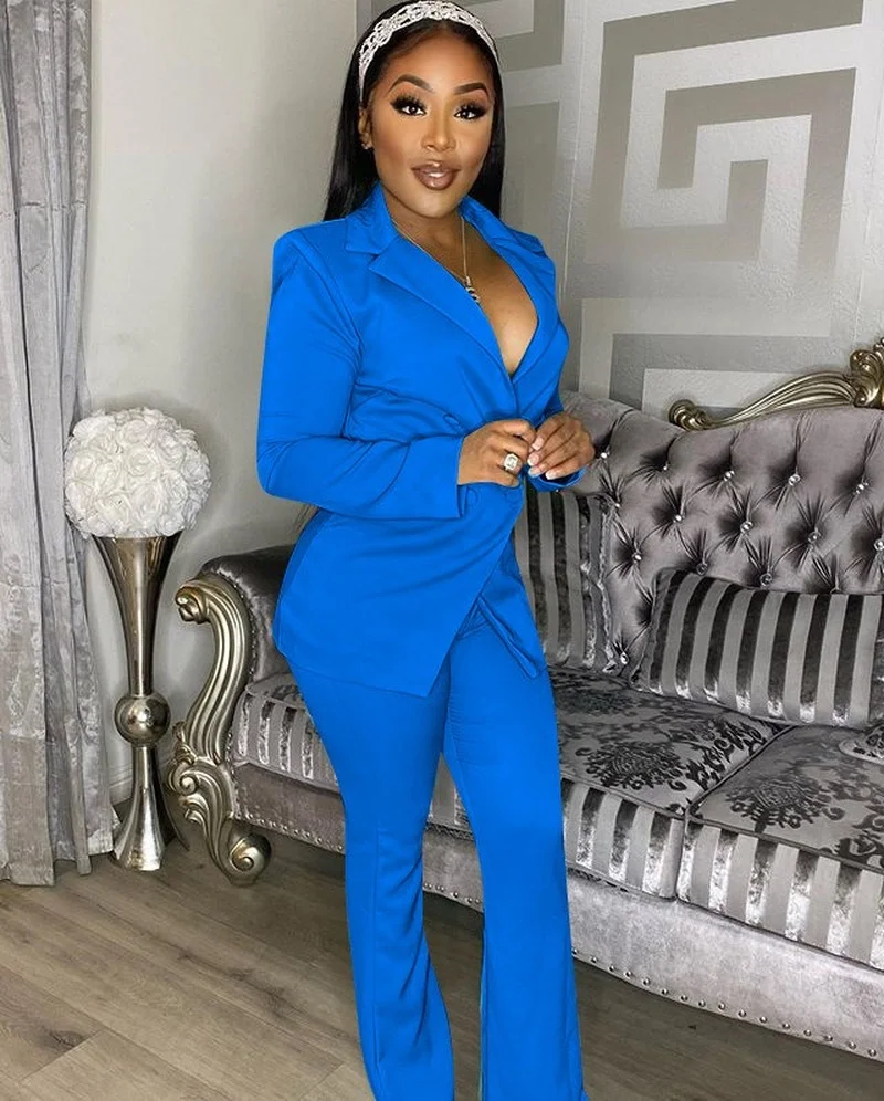 Classic Casual Commute Blazer Suit Two Piece Set Women Solid Color Office Blazer Elastic Band Pant Suits Fashion Trousers OL Set