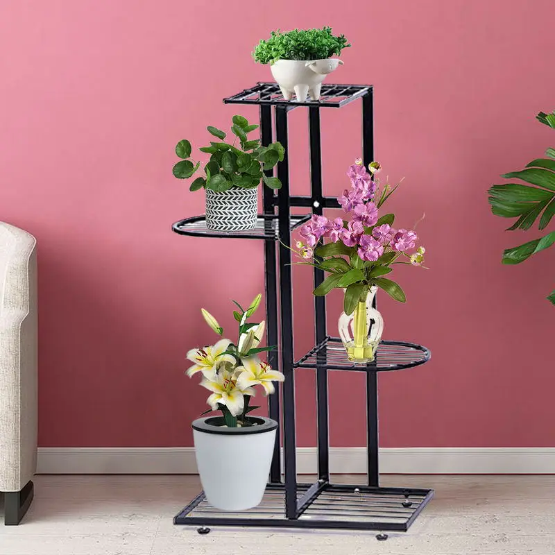 4 Tier 5 Pots Iron Flower Pot Holder, Plant Stand, Planter Display Shelf Rack For Garden Patio Decor hanging rack flower pot organizer storage basket rack closet holders balcony rail planter shelf fence railing flower pots holder