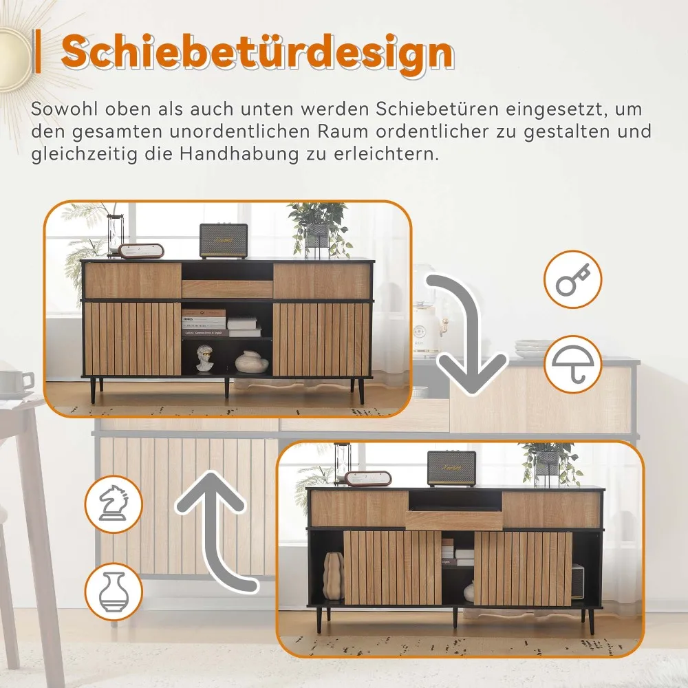 Eiche kombiniert mit schwarzer Kommode, 4 Schiebetüren, 1 Schublade, 160 cm Breite, 40 cm Tiefe, 80 cm Höhe, moderner Aufbewahrungsschrank – Detail 20
