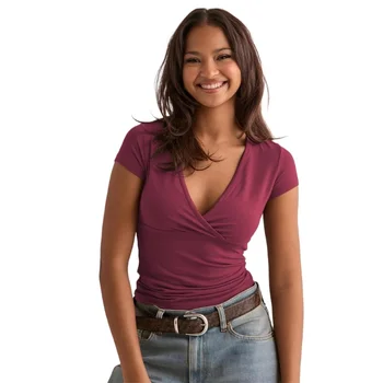 2026 Summer New Fashion Women's T-Shirt Solid-Color Slim-Fit V-Neck Short-Sleeve Top Y2k Clothing