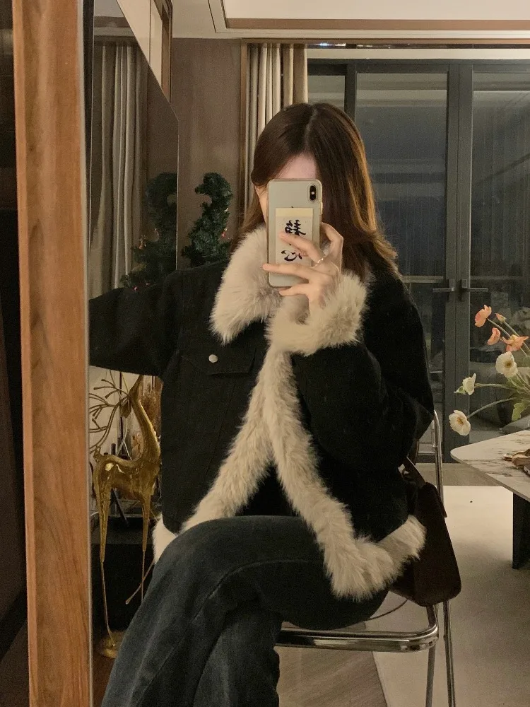 Denim Jacket Women's Black Stitching Lamb Plush Thickened Warm Short Loose Casual Fashion Autumn Winter High-Grade Cotton-Padded