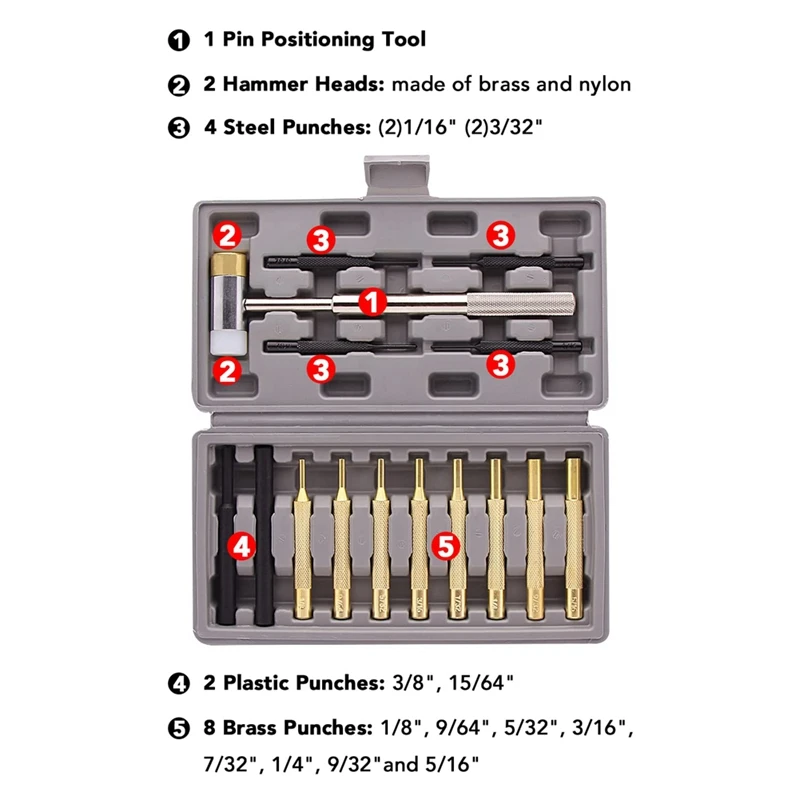 Roll Pin Punch Set Hammer Replacement Brass Steel Plastic Punches Interchangeable Hammer Head