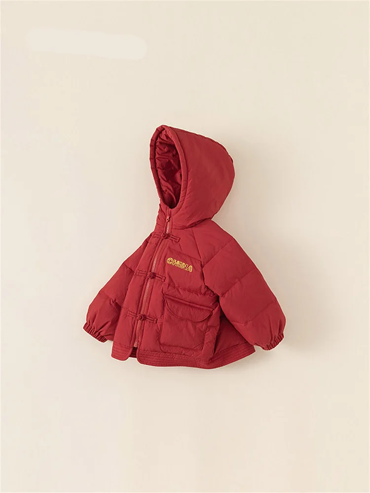 Children's Embroidery Down Jacket New Baby White Duck Down Hooded Coat For Winter Fashion Vintage Buckle Design Clothes
