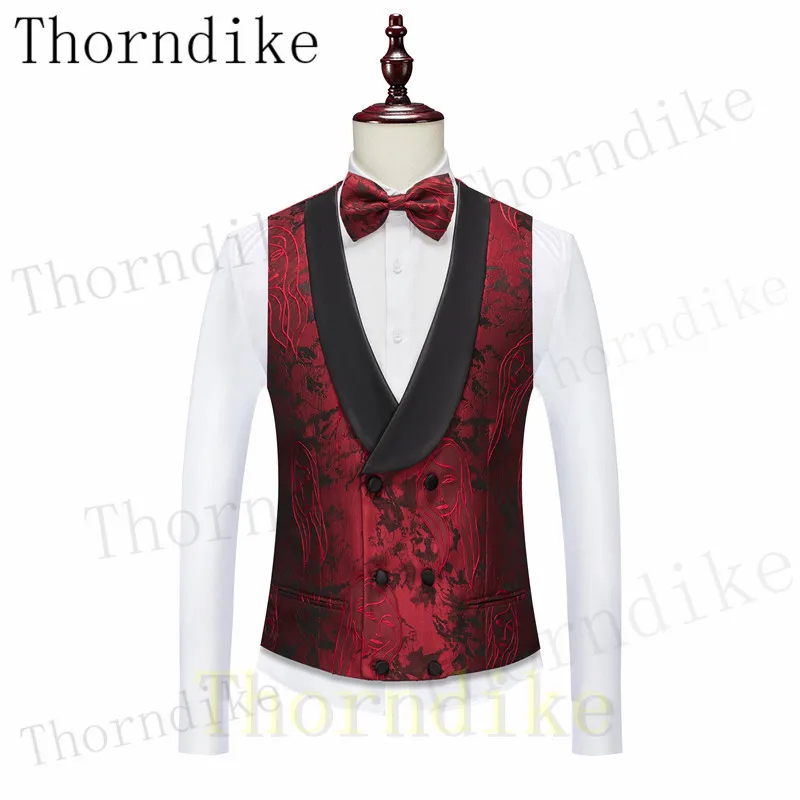 Thorndike Terno Masculino Burgundy Slim Fit Male Floral Formal Wedding Mens Double Breasted Suits Groom Tuxedo Prom Suits