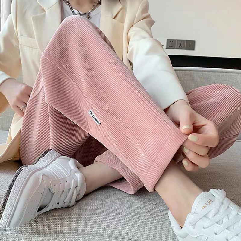 Pregnant Woman Winter Belly Pants Thick Warm High Waist Ankle-length Corduroy Trousers with Fleece Maternity Straight Trousers 2