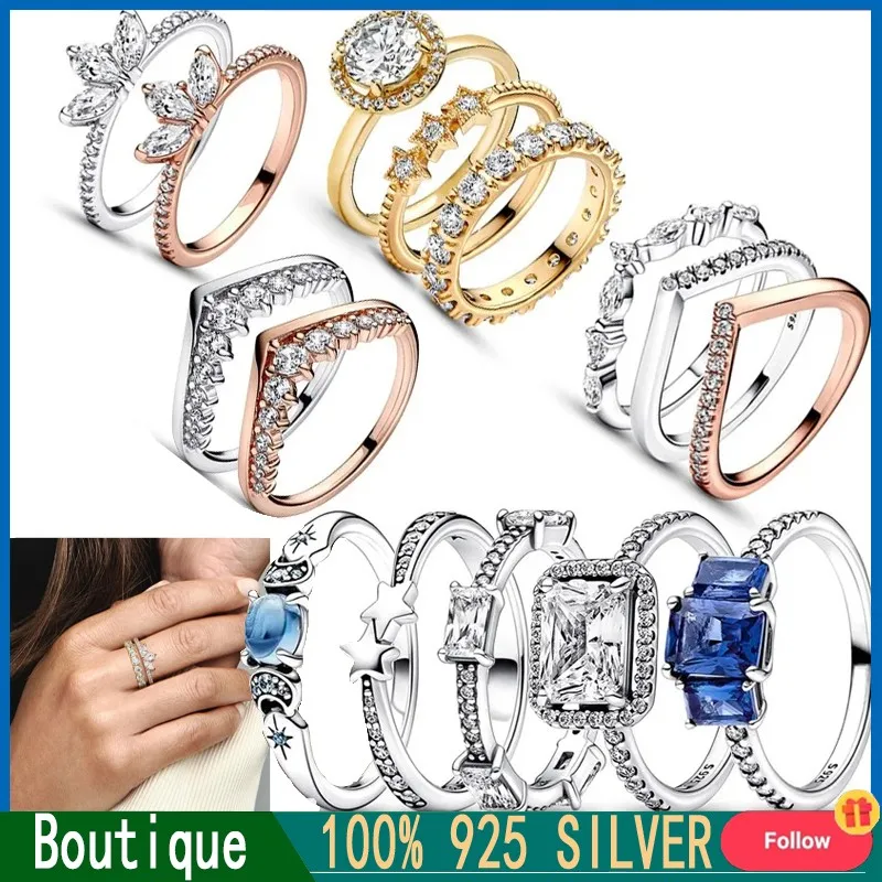 Popular 925 Sterling Silver Women's Sparkling Meteor Wishing Bone Flap Specimen Crown Original Logo Ring DIY Charm Jewelry Gift
