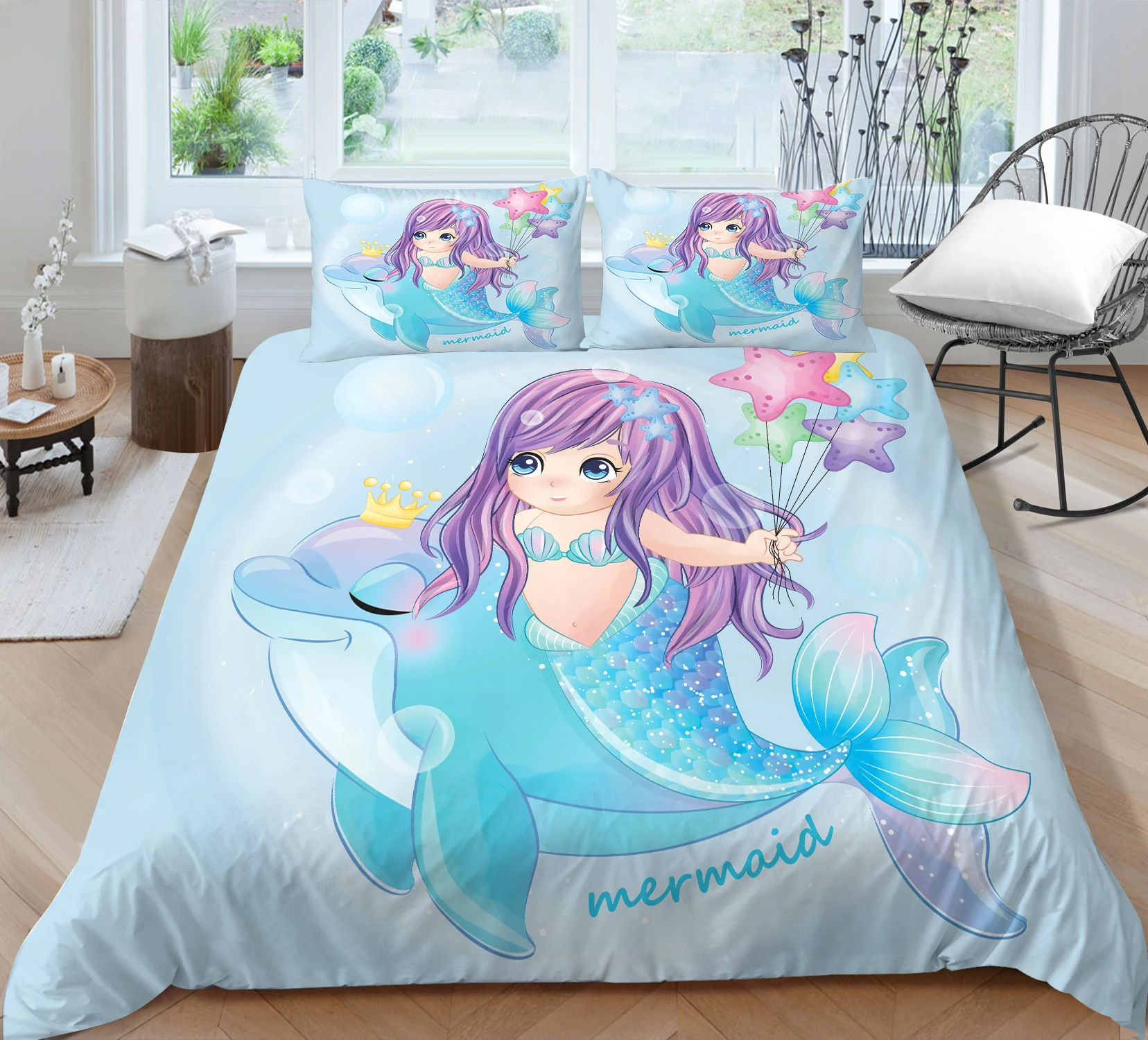 Hot  Bed Linens 2/3pcs 3D Digital Mermaids Printing Duvet Cover Sets 1 Quilt Cover + 1/2 Pillowcases US/EU/AU Size