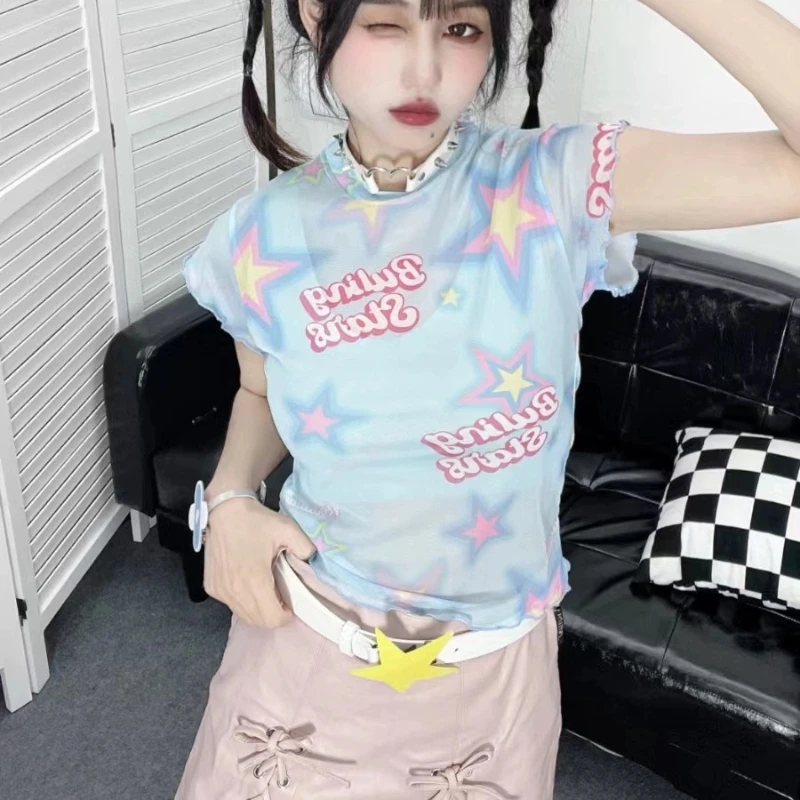 

Deeptown Harajuku Kawaii Y2k Short Sleeve Mesh Star Print Transparent Sexy Tops Sweet Streetwear Cutecore Casual Summer Tees