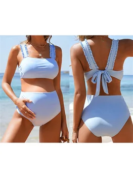 Women Maternity Swimsuit Ruffled Off Shoulder Bathing Suit with High Waist Bottoms Maternal Swimwear Set 5