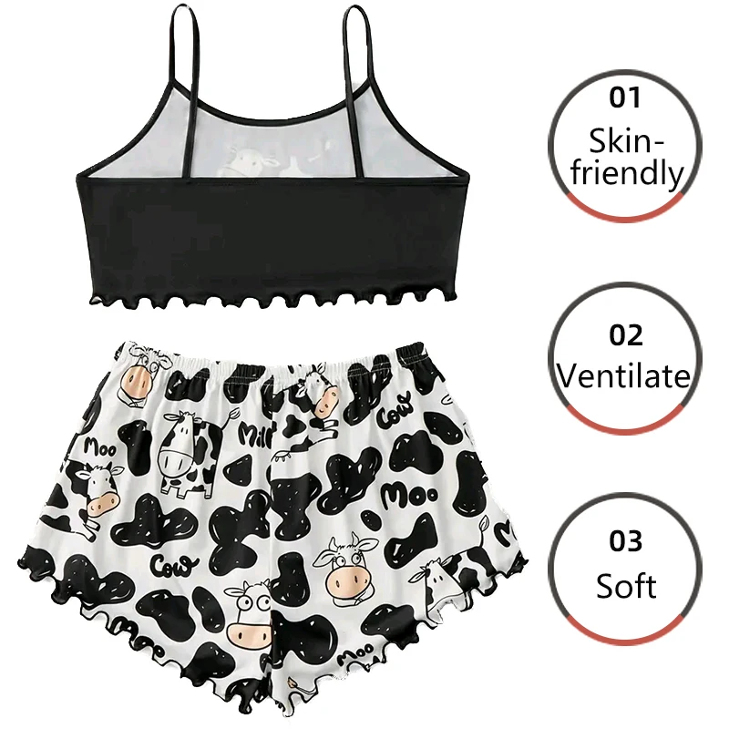 Women's Pajamas Set Sleepwear 2 PCS Camisole And Shorts Sports Cow Cartoon Print Ventilate Soft Casual S M L Black