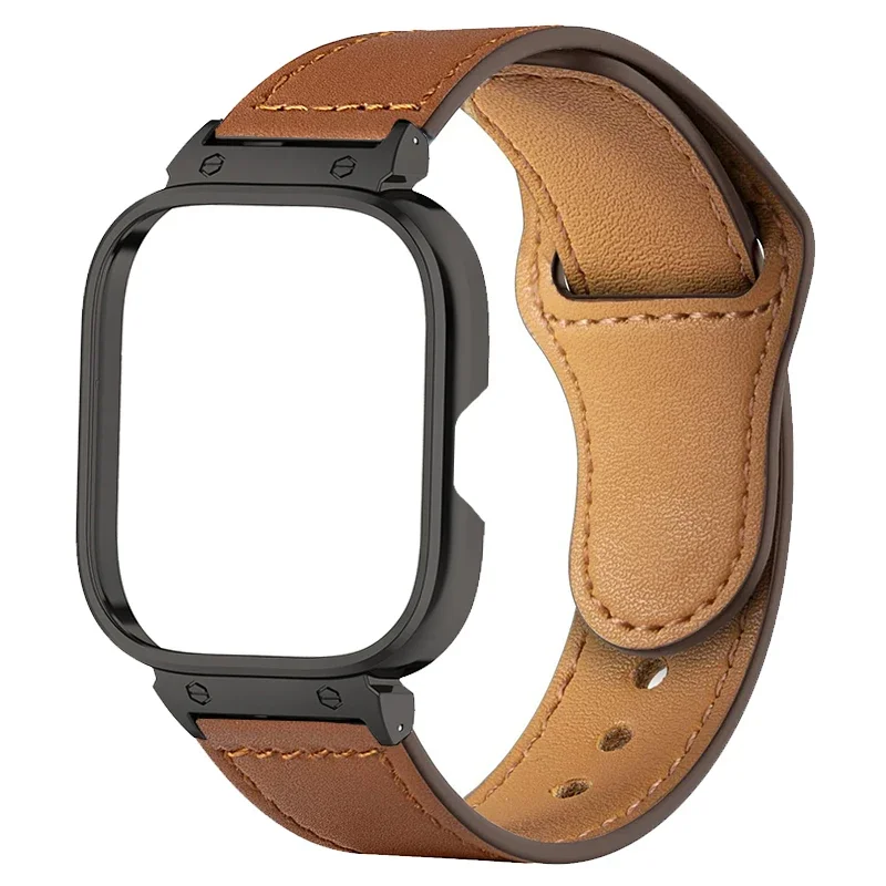Premium Leather Strap with Metal Case Protector and Watchband Belt