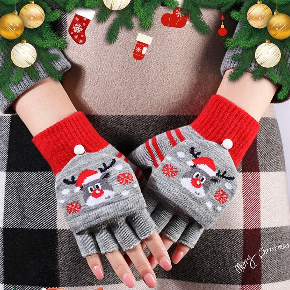 

Acrylic Fabrics Christmas Gloves Gift Christmas Tree Elk Pattern Keep Warm Half Finger Gloves Thermal Gloves Christmas